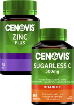 Cenovis-Sugarless-C-500mg-Chewable-Tablets-160-Pack-or-Zinc-Plus-Tablets-150-Pack on sale