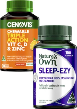 Cenovis+Chewable+Triple+Action+Vitamin+C%2C+D+%26amp%3B+Zinc+Tablets+60+Pack+or+Nature%26%23039%3Bs+Own+Sleep-Ezy+Capsules+100+Pack