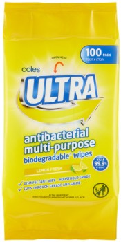 Coles-Ultra-Antibacterial-Multipurpose-Biodegradable-Wipes-100-Pack on sale