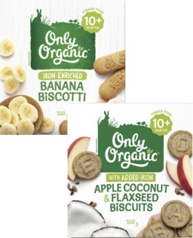 Only+Organic+Banana+Biscotti+or+Apple%2C+Coconut+%26amp%3B+Flaxseed+Biscuits+100g