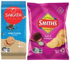 Sakata+Rice+Crackers+80%E2%80%9190g%2C+Smith%26rsquo%3Bs+Crinkle+Cut+Chips+or+Twisties+45g+Selected+Varieties