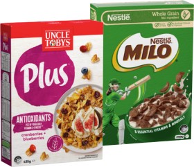 Uncle+Tobys+Plus+Cereal+410%E2%80%91435g+or+Nestl%26eacute%3B+Milo+Cereal+330%E2%80%91350g+Selected+Varieties