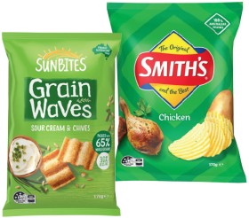 Sunbites+Grain+Waves+Wholegrain+Chips+170g+or+Smith%26rsquo%3Bs+Crinkle+Cut+Chips+150%E2%80%91170g+Selected+Varieties