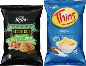 Kettle+Ridge+Cut+Potato+Chips+165g%2C+Thins+Chips+150%E2%80%91175g+or+Thins+Onion+Rings+85g+Selected+Varieties