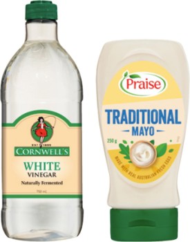 Praise+Traditional+Squeeze+Mayo+250%E2%80%91280g%2C+Cornwell%26rsquo%3Bs+White+or+Malt+Vinegar+750mL+Selected+Varieties