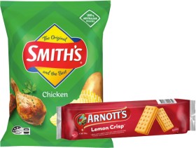 Smith%26rsquo%3Bs+Crinkle+Cut+Chips+150%E2%80%91170g%2C+Arnott%26rsquo%3Bs+Cream+Biscuits+200%E2%80%91250g+or+Grain+Waves+170g+Selected+Varieties