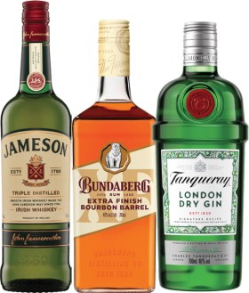 Jameson+Irish+Whiskey%2C+Bundaberg+Extra+Finish+Bourbon+Barrel+Rum+or+Tanqueray+Gin+700mL