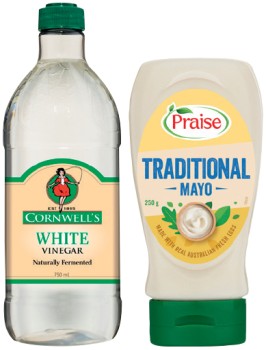 Praise+Traditional+Squeezy+Mayo+250%E2%80%91280g%2C+Cornwell%26rsquo%3Bs+White+or+Malt+Vinegar+750mL+Selected+Varieties