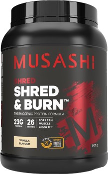 Musashi-Shred-and-Burn-Vanilla-Flavour-900g on sale
