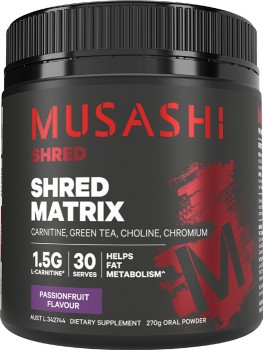 Musashi-Shred-Matrix-Passionfruit-Flavour-270g on sale