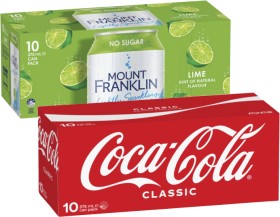 Coca-Cola+Soft+Drink+or+Mt+Franklin+Lightly+Sparkling+Water+10x375mL