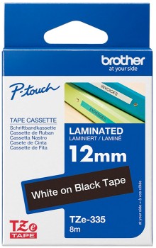 Brother+TZe-335+Laminated+Tape+12mm+x+8m+White+on+Black%2A