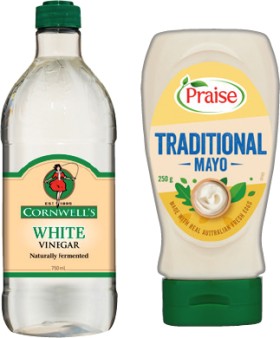 Praise+Traditional+Squeezy+Mayo+250%E2%80%91280g%2C+Cornwell%26rsquo%3Bs+White+or+Malt+Vinegar+750mL+Selected+Varieties