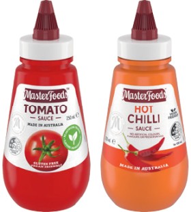 MasterFoods-Hot-Chilli-Tomato-or-Barbecue-Squeezy-Sauce-250mL on sale