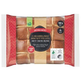Woolworths-Indulgent-Caramelised-Biscuit-Filled-Hot-Cross-Buns-Pk-4 on sale