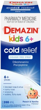 Demazin-Kids-6-Years-Cold-Relief-Colour-Free-Syrup-Peach-Vanilla-200ml on sale