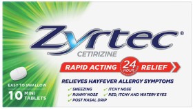 Zyrtec+Rapid+Acting+Hayfever+Allergy+Relief+Antihistamine+Mini+Tablets+10+Pack