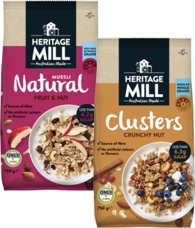 Heritage-Mill-Muesli-Clusters-or-Granola-650g-750g on sale