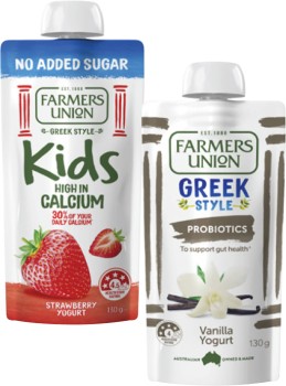 Farmers-Union-Greek-Style-or-No-Added-Sugar-Kids-Yogurt-Pouch-130g on sale