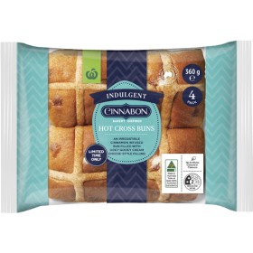 Woolworths-Indulgent-Cinnabon-Filled-Hot-Cross-Buns-Pk-4 on sale