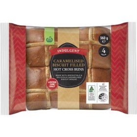 Woolworths-Indulgent-Caramelised-Biscuit-Filled-Hot-Cross-Buns-Pk-4 on sale