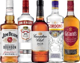 Jim+Beam+White+Label+Bourbon%2C+Smirnoff+Vodka%2C+Canadian+Club+Whisky%2C+Gordon%26rsquo%3Bs+London+Dry+Gin+or+Grant%26rsquo%3Bs+Scotch+Whisky+700mL