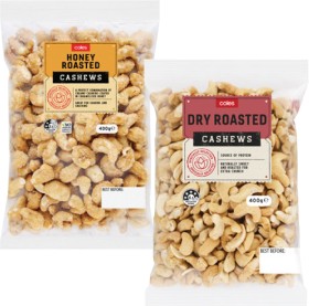 Coles+Dry+Roasted%2C+Honey%2C+Natural+or+Roasted+%26amp%3B+Salted+Cashews+400g+Pack