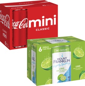 Coca-Cola+Soft+Drink+or+Mt+Franklin+Lightly+Sparkling+Water+6x250mL