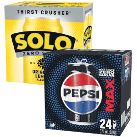 Pepsi-Max-Mountain-Dew-Solo-Zero-Sugar-or-Sunkist-Zero-Sugar-Soft-Drink-Varieties-24-x-375ml on sale