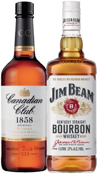 Canadian-Club-Whisky-or-Jim-Beam-White-Label-Bourbon-1-Litre on sale