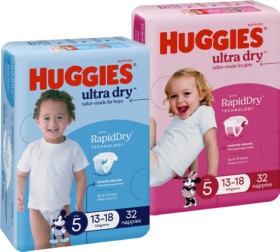Huggies+Ultra+Dry+or+SkinProtect+Nappies+30%E2%80%9154+Pack+Selected+Varieties