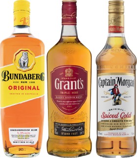 Bundaberg+Original+Rum%2C+Grant%26rsquo%3Bs+Scotch+Whisky+or+Captain+Morgan+Spiced+Gold+1+Litre