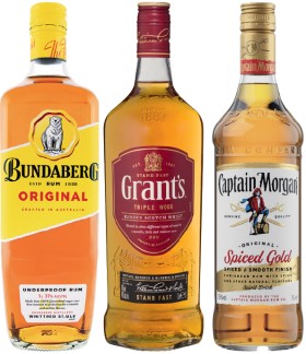 Bundaberg+Original+Rum%2C+Grant%26rsquo%3Bs+Scotch+Whisky+or+Captain+Morgan+Spiced+Gold+1+Litre
