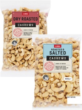 Coles+Dry+Roasted%2C+Honey%2C+Natural+or+Roasted+%26amp%3B+Salted+Cashews+400g+Pack