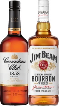 Canadian-Club-Whisky-or-Jim-Beam-White-Label-Bourbon-1-Litre on sale
