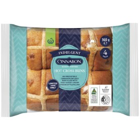 Woolworths-Indulgent-Cinnabon-Filled-Hot-Cross-Buns-Pk-4 on sale