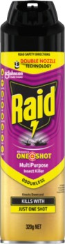 Raid-Double-Nozzle-One-Shot-Odourless-Insect-Killer-320g-Selected-Varieties on sale