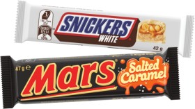 Snickers-White-Bar-42g-or-Mars-Salted-Caramel-Bar-47g on sale