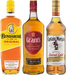 Bundaberg+Original+Rum%2C+Grant%26rsquo%3Bs+Scotch+Whisky+or+Captain+Morgan+Spiced+Gold+1+Litre