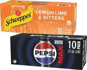 Pepsi+or+Solo+Soft+Drink+or+Schweppes+Mixers+10x375mL