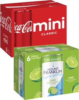Coca-Cola+Soft+Drink+or+Mt+Franklin+Lightly+Sparkling+Water+6x250mL