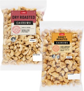 Coles-Dry-Roasted-Honey-Natural-or-Roasted-Salted-Cashews-400g-Pack on sale