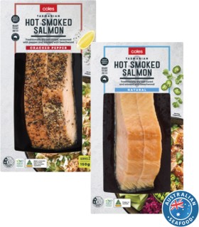 Coles-Tasmanian-Hot-Smoked-Salmon-Natural-or-Peppercorn-150g on sale