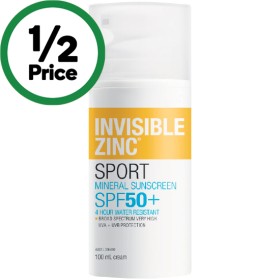 Invisible-Zinc-SPF-50-Sport-Mineral-Sunscreen-Cream-100ml on sale