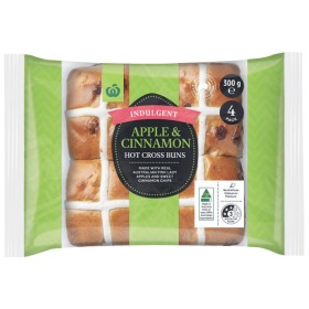 Woolworths-Indulgent-Apple-Cinnamon-Hot-Cross-Buns-Pk-4 on sale