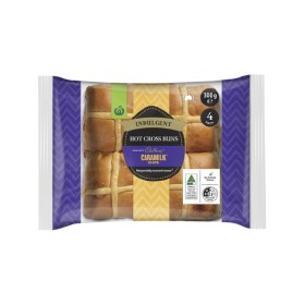 Woolworths-Indulgent-Hot-Cross-Buns-made-with-Cadbury-Caramilk-Chocolate-Chips-Pk-4 on sale