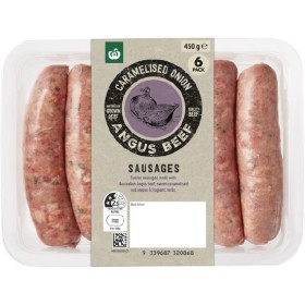 Woolworths-Angus-Beef-Caramelised-Onion-Sausages-450g on sale
