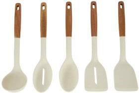 Set-of-5-Silicone-Utensils-with-Acacia-Handles on sale