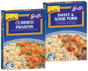 McCain-Griffs-Curried-Prawns-or-Sweet-Sour-Pork-with-Rice-Frozen-Meal-400g on sale