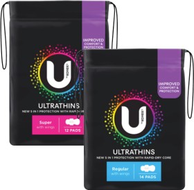 U-By-Kotex-Ultra-Thin-Pads-With-Wings-Regular-14-Pack-or-Super-12-Pack on sale